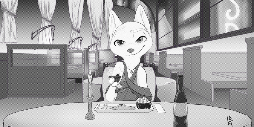 2017 alcohol anthro arctic_fox beverage black_and_white candle canine chair clothed clothing dinner disney female fox inside ittybittykittytittys looking_at_viewer mammal monochrome restaurant screentone sitting skye_(zootopia) smile solo table wine wine_bottle wine_glass zootopia