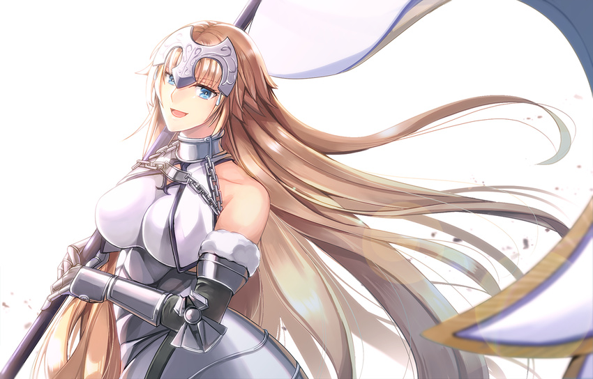 armor armored_dress bangs banner blonde_hair blue_eyes breasts dress fate/apocrypha fate/grand_order fate_(series) floating_hair hair_blowing headpiece holding holding_weapon jeanne_d'arc_(fate) jeanne_d'arc_(fate)_(all) kina_izu large_breasts long_hair looking_at_viewer md5_mismatch smile solo standing very_long_hair weapon wind