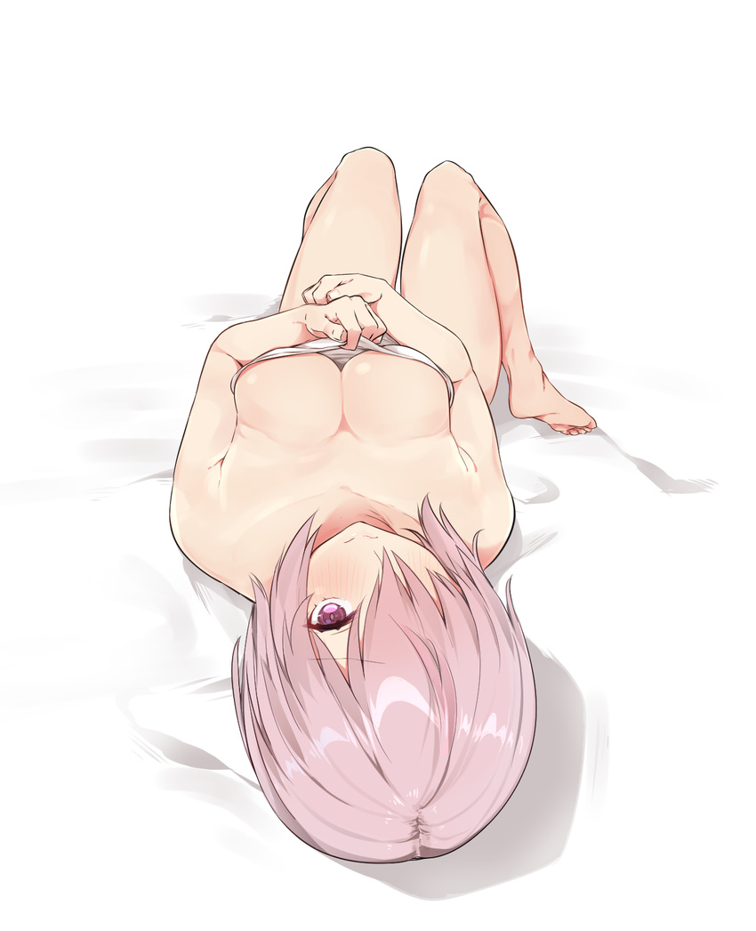 barefoot blush breasts cleavage fate/grand_order fate_(series) hair_over_one_eye highres lavender_hair lying mash_kyrielight medium_breasts mitsudoue on_back purple_eyes short_hair smile solo upside-down