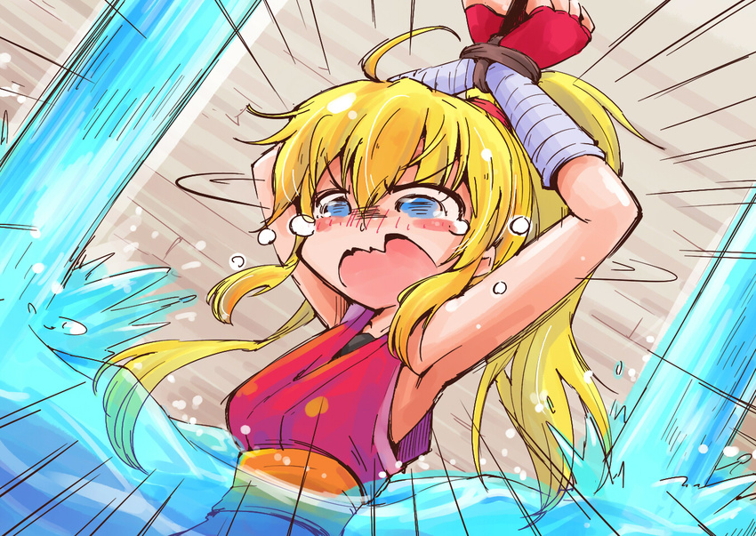 armpits arms_up blonde_hair blue_eyes blush bound bound_arms final_fight fingerless_gloves genryuusai_maki gloves long_hair ninja open_mouth partially_submerged ponytail shinapuu sleeveless solo tears tied_up water
