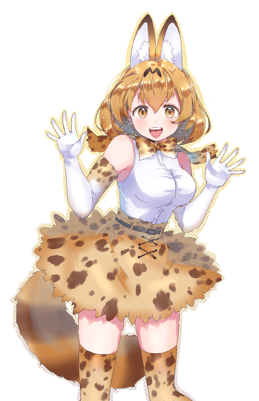 animal_ears blonde_hair blush breasts eyebrows eyebrows_visible_through_hair gloves highres kaisou_(0731waka) kemono_friends large_breasts open_mouth orange_eyes orange_hair outstretched_arms ribbon serval_(kemono_friends) serval_ears serval_print serval_tail shirt short_hair simple_background skirt solo spread_arms standing tail teeth tongue white_shirt