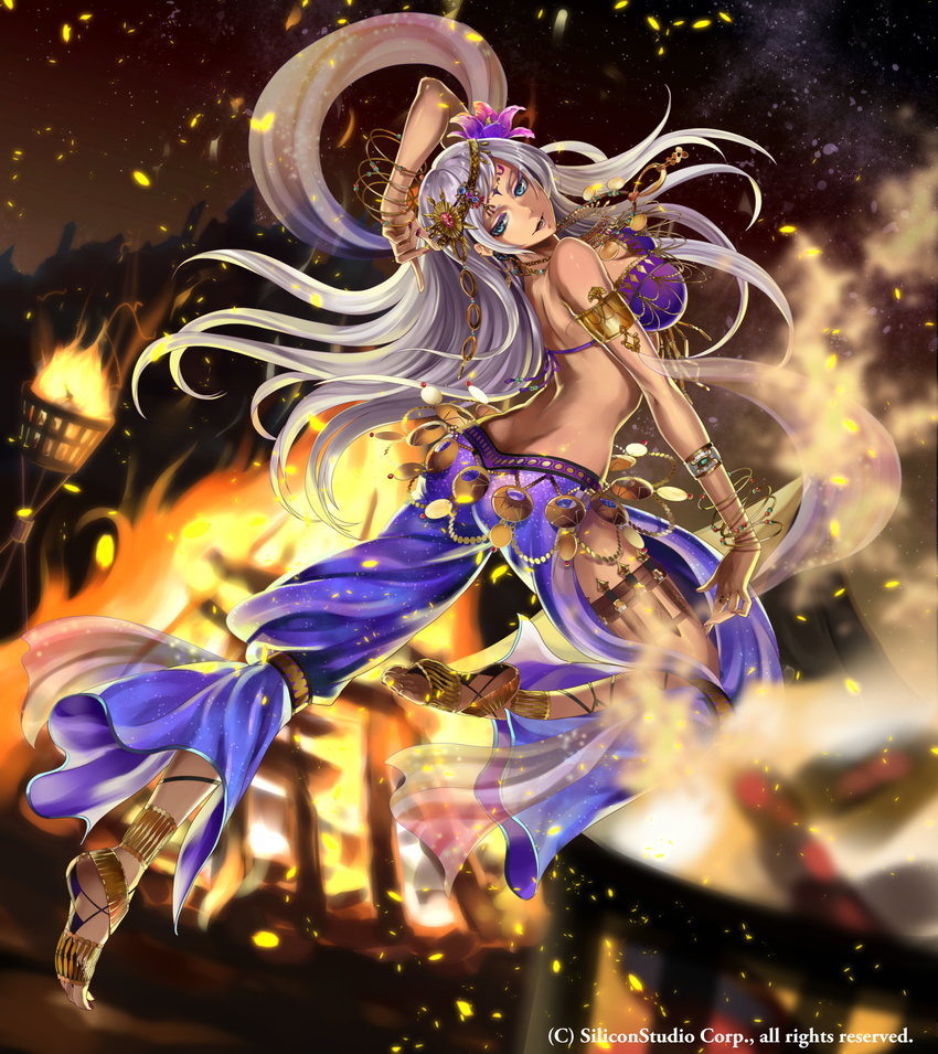 anklet back barefoot barefoot_sandals blue_eyes bracelet breasts cleavage company_name dagger dancer dark_skin earrings facial_mark fire forehead_mark full_body grey_hair gyakushuu_no_fantasica hair_ornament highres jewelry large_breasts long_hair nail_polish necklace official_art open_mouth rinneroll solo teeth tiara tiptoes toes weapon