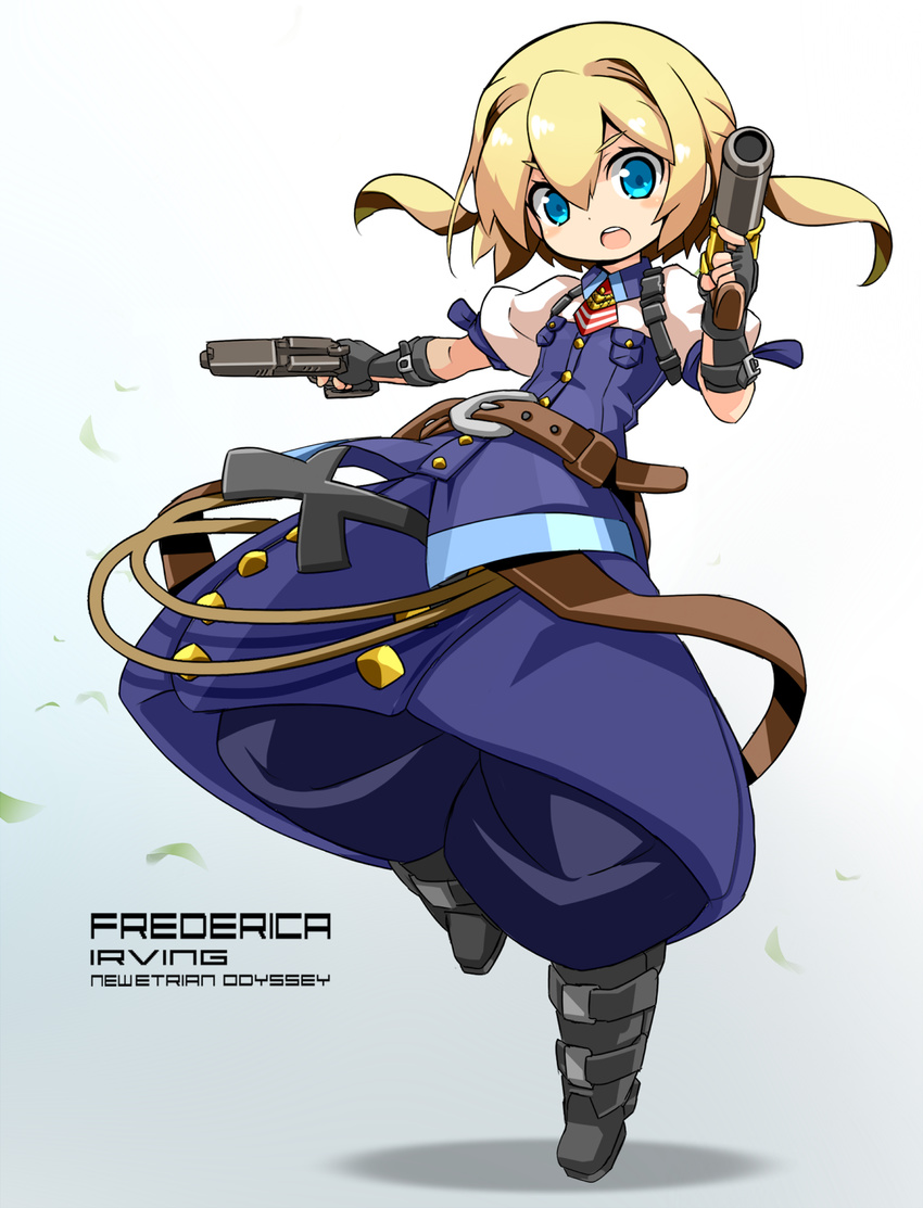 aqua_eyes belt blonde_hair blue_eyes boots buckle character_name dress dual_wielding fingerless_gloves frederica_irving gloves gun highres holding karukan_(monjya) sekaiju_no_meikyuu shin_sekaiju_no_meikyuu short_hair short_sleeves short_twintails solo twintails weapon