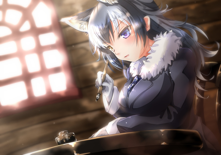 animal_ears black_hair blue_eyes blush breasts commentary_request extra_ears fur_collar gloves grey_wolf_(kemono_friends) heterochromia higashimura ink kemono_friends long_hair medium_breasts multicolored_hair necktie open_mouth pen solo two-tone_hair wolf_ears yellow_eyes