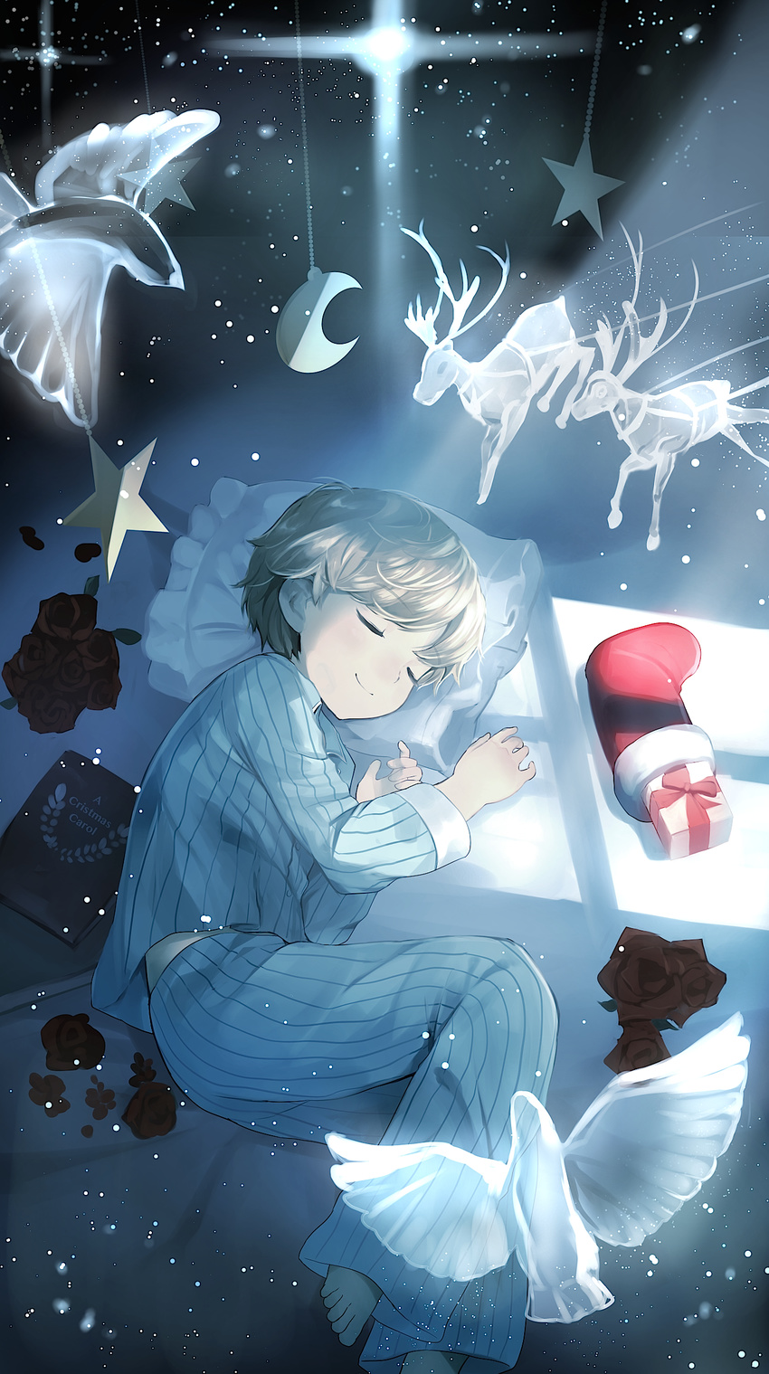 absurdres bird book brown_hair christmas christmas_stocking closed_eyes cocolo_(co_co_lo) gift highres male_focus original pajamas pillow reindeer sleeping smile solo