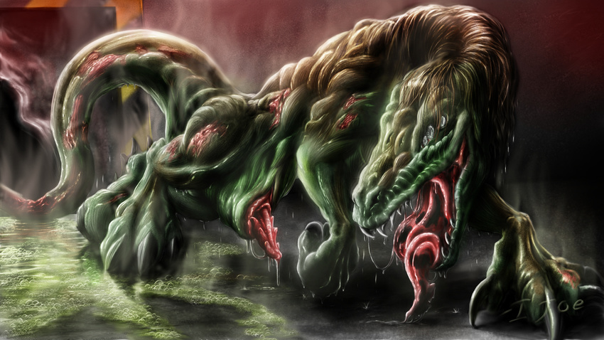 acid claws detailed_background digital_media_(artwork) erection feral hi_res ijoe lizard monster nightmare_fuel penis reptile scalie scp-682 scp_containment_breach scp_foundation slit_pupils solo teeth tongue