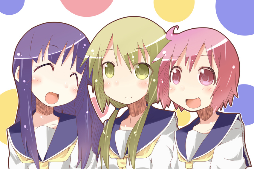 :d ^_^ ahoge blonde_hair blush closed_eyes collarbone girl_sandwich hinata_yukari ichii_yui long_hair looking_at_another looking_at_viewer miiyon multiple_girls neckerchief necktie nonohara_yuzuko open_mouth pink_eyes pink_hair purple_hair sandwiched school_uniform school_uniform_(yuyushiki) serafuku short_hair smile yellow_eyes yellow_neckwear yuyushiki