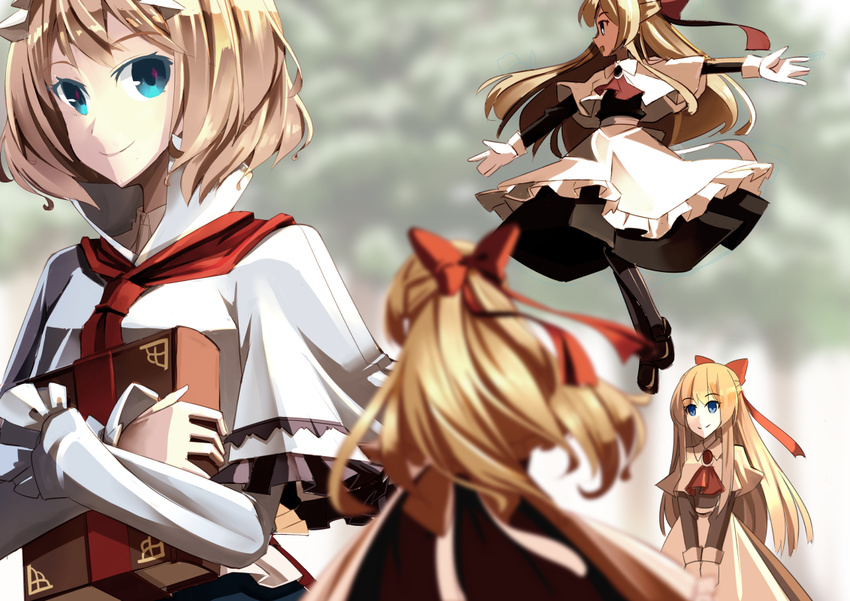 alice_margatroid apron ascot bangs black_dress blonde_hair blue_eyes blurry book book_hug bow capelet clere closed_mouth commentary_request depth_of_field dress elbow_gloves gloves grimoire_of_alice hair_bow holding holding_book looking_at_viewer neck_ribbon red_bow red_ribbon ribbon shanghai_doll short_hair smile touhou upper_body waist_apron