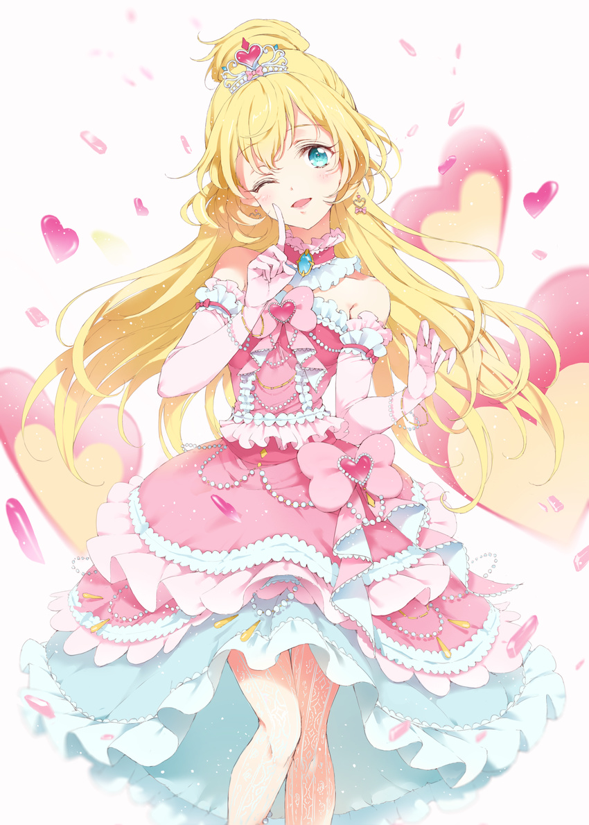 absurdres aikatsu!_(series) aikatsu_stars! aqua_eyes bangs blonde_hair blush bow bracelet brooch commentary_request detached_collar dress earrings elbow_gloves frilled_dress frilled_gloves frills gloves hair_bun heart heart_earrings highres index_finger_raised jewelry lace lace_legwear layered_dress long_hair looking_at_viewer nghrstst one_eye_closed open_mouth pearl pink_bow pink_dress pink_gloves shiratori_hime solo strapless strapless_dress tiara