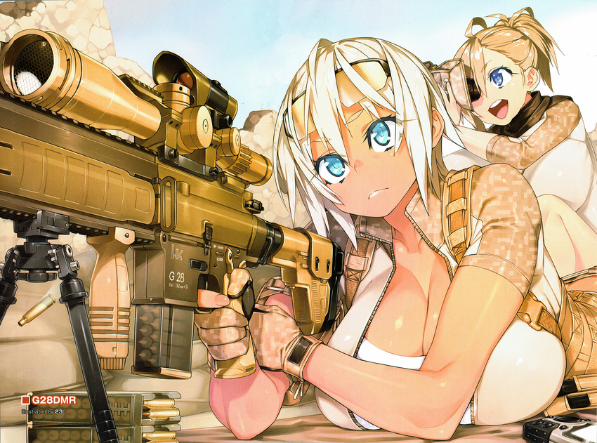 2girls ahoge ahoge_girl_(23) aimpoint battle_rifle bipod blonde_hair blue_eyes breasts cleavage dark-skinned_girl_(23) dark_skin downblouse gloves gun heckler_&amp;_koch highres hk417 large_breasts lying magazine_(weapon) military_operator multiple_girls non-web_source on_stomach original rifle scope shell_casing short_hair sniper_rifle source_request vertical_foregrip weapon wife_and_wife yuri
