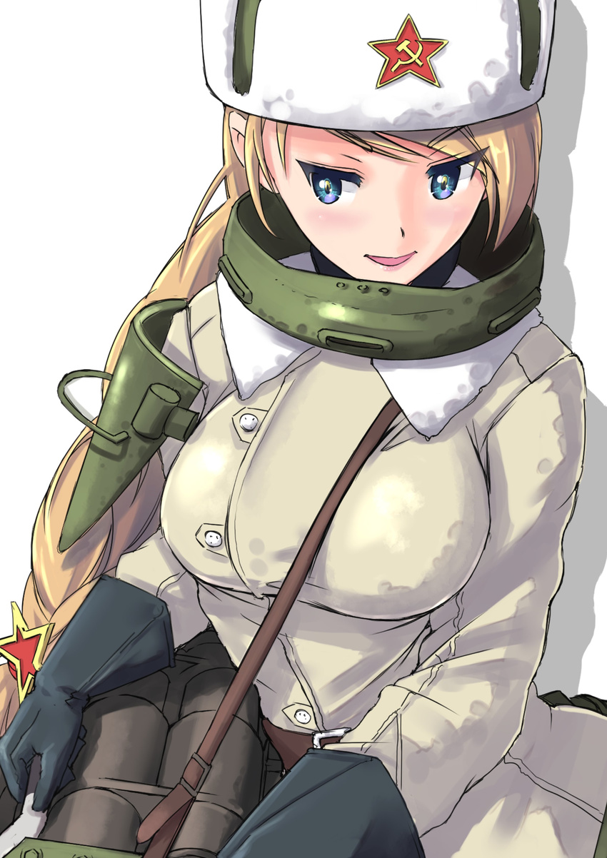 absurdres black_gloves blonde_hair blue_eyes fur_hat gloves hair_ornament hammer_and_sickle hat highres long_hair long_sleeves mecha_musume nenchi original parted_lips red_star russia simple_background solo soviet_union standing star upper_body ushanka very_long_hair white_background white_coat white_hat