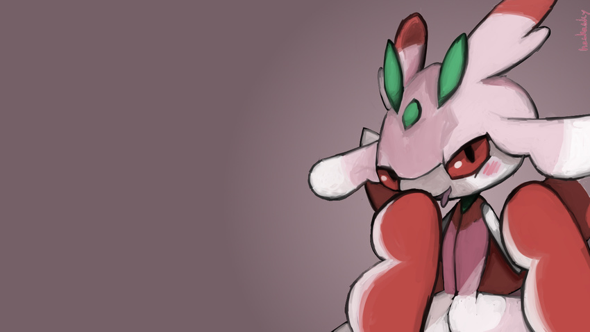 1080p 16:9 2016 ambiguous_gender anthro arthropod blush hi_res ironscrewy looking_at_viewer lurantis nintendo open_mouth pok&eacute;mon red_eyes simple_background solo suggestive tongue tongue_out video_games