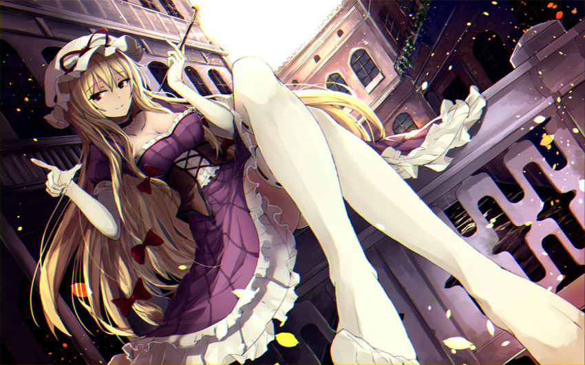 adapted_costume alternate_eye_color backlighting bangs blonde_hair breasts building choker chromatic_aberration chromatic_aberration_abuse cleavage corset crossed_legs day dress elbow_gloves foreshortening frilled_choker frilled_dress frills gloves hair_between_eyes hat hat_ribbon highres iwashi_(nisankatanso) kiseru long_hair long_legs medium_breasts mob_cap no_shoes outdoors perspective petals pipe plant pointing puffy_short_sleeves puffy_sleeves red_eyes reflection ribbon ribbon-trimmed_legwear ribbon_trim shiny shiny_hair shiny_skin short_dress short_sleeves sitting smile solo stream sunlight thighhighs thighs toe-point toes touhou very_long_hair vines water white_gloves white_legwear yakumo_yukari