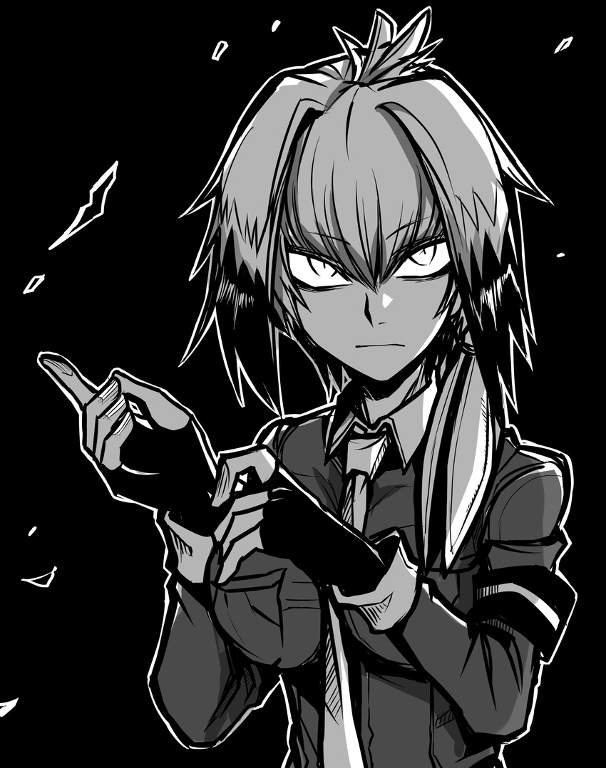 absurdres adjusting_clothes adjusting_gloves armband black_background collared_shirt fingerless_gloves gloves greyscale head_wings highres hirano_kouta_(style) kemono_friends looking_at_viewer low_ponytail monochrome necktie shirt shoebill_(kemono_friends) short_hair side_ponytail simple_background solo upper_body yuuma_(u-ma)