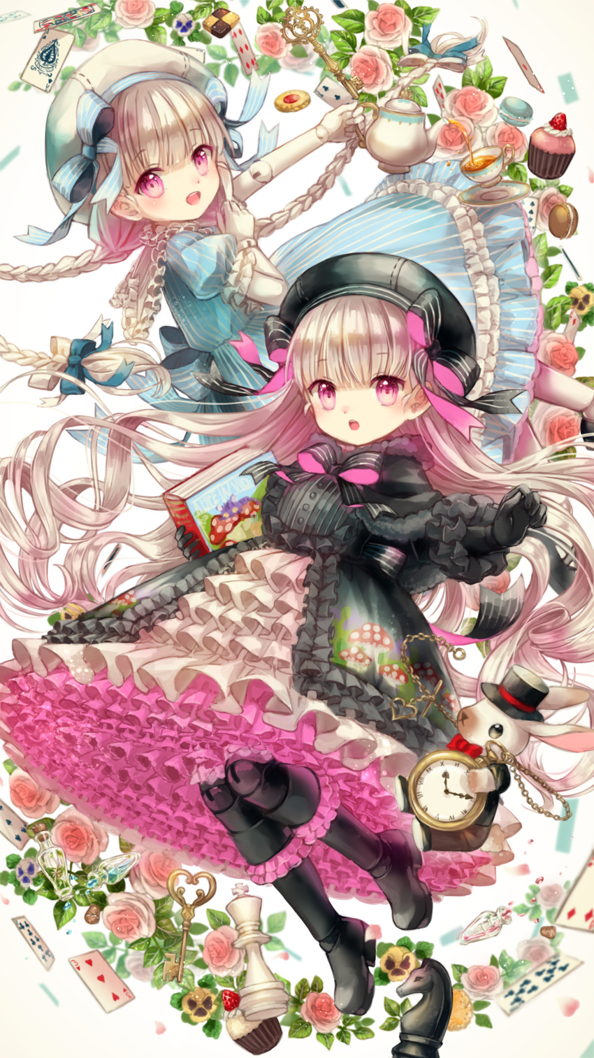 absurdres beret black_dress black_footwear black_hat blue_dress blue_ribbon book boots bottle braid bunny card checkerboard_cookie chess_piece club_(shape) cookie cup cupcake diamond_(shape) doll_joints dress eyebrows_visible_through_hair fate/extra fate/grand_order fate_(series) flower food food_print frilled_boots frills fruit hat heart highres holding holding_book key legs_up long_hair low_twintails mushroom_print nursery_rhyme_(fate/extra) open_mouth outstretched_arm pink_eyes pink_flower pink_rose plant playing_card pocket_watch pouring puffy_short_sleeves puffy_sleeves ribbon roman_numerals rose saucer short_sleeves smile spade_(shape) strawberry striped teacup teapot top_hat twin_braids twintails vertical-striped_dress vertical_stripes very_long_hair watch white_background white_hair white_hat yumeichigo_alice