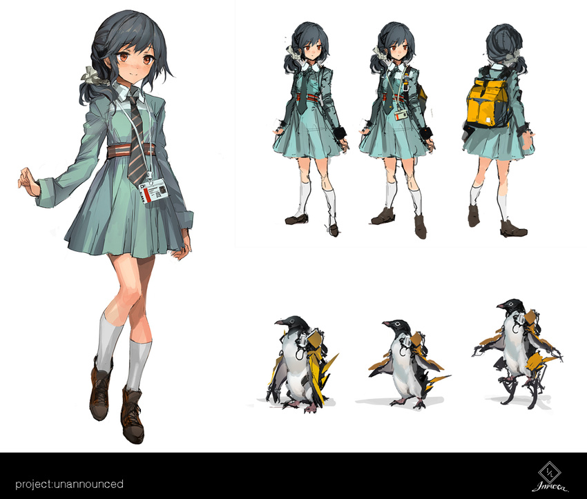 animal anklet backpack bag bird black_hair brown_eyes character_sheet collared_shirt concept_art dress full_body id_card jewelry lm7_(op-center) multiple_views name_tag necktie original penguin ponytail power_suit shirt shoelaces simple_background smile socks walking white_background white_legwear