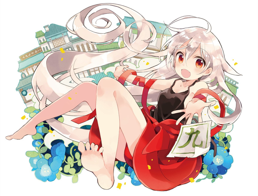 ahoge barefoot black_shirt chiya_(urara_meirochou) eyebrows_visible_through_hair fang hair_between_eyes harikamo highres long_hair looking_at_viewer navel official_art open_mouth red_eyes shirt silver_hair smile solo spread_toes tank_top urara_meirochou very_long_hair