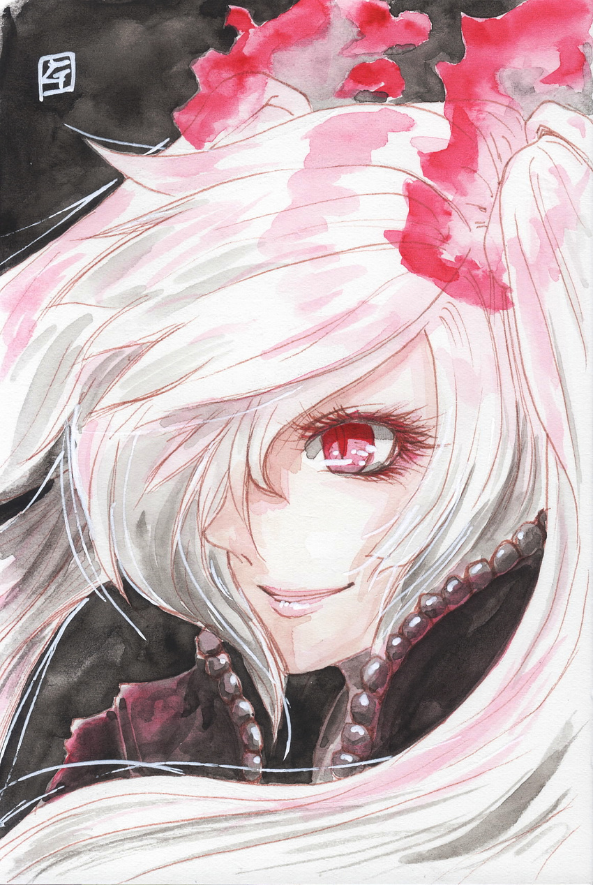 black_background black_jacket burning_hair_ties eyelashes hair_over_one_eye highres jacket kantai_collection lips long_hair looking_at_viewer mixed_media red_eyes shinkaisei-kan signature slit_pupils solo southern_ocean_war_oni tesun_(g_noh) traditional_media twintails upper_body watercolor_(medium) white_hair zipper