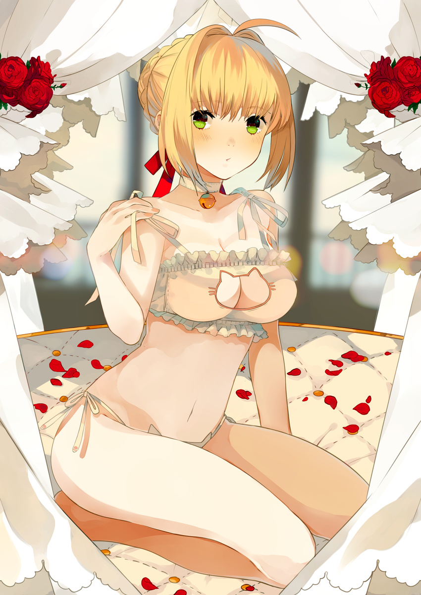 absurdres ahoge bangs bare_shoulders bed bed_sheet bell blonde_hair blurry blurry_background blush bra breasts cat_cutout cat_lingerie cleavage cleavage_cutout collarbone eules eyebrows eyebrows_visible_through_hair fate/extra fate_(series) flower frilled_bra frills green_eyes hair_intakes hair_ribbon highres jingle_bell medium_breasts meme_attire navel nero_claudius_(fate) nero_claudius_(fate)_(all) on_bed panties petals red_flower red_ribbon red_rose revision ribbon rose rose_petals seiza short_hair side-tie_panties sitting solo stomach tareme underwear underwear_only white_bra white_panties