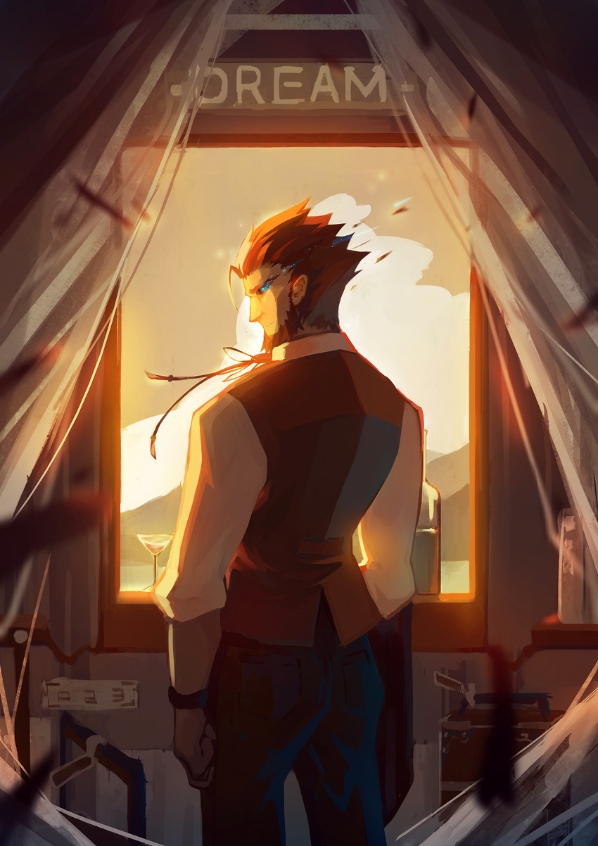 absurdres ahoge arms_at_sides blue_eyes brown_hair brown_sky clenched_hand cloud cocktail_glass cup curtains drinking_glass english facial_hair from_behind highres indoors looking_at_viewer looking_back male_focus original profile roukeiyu solo standing window