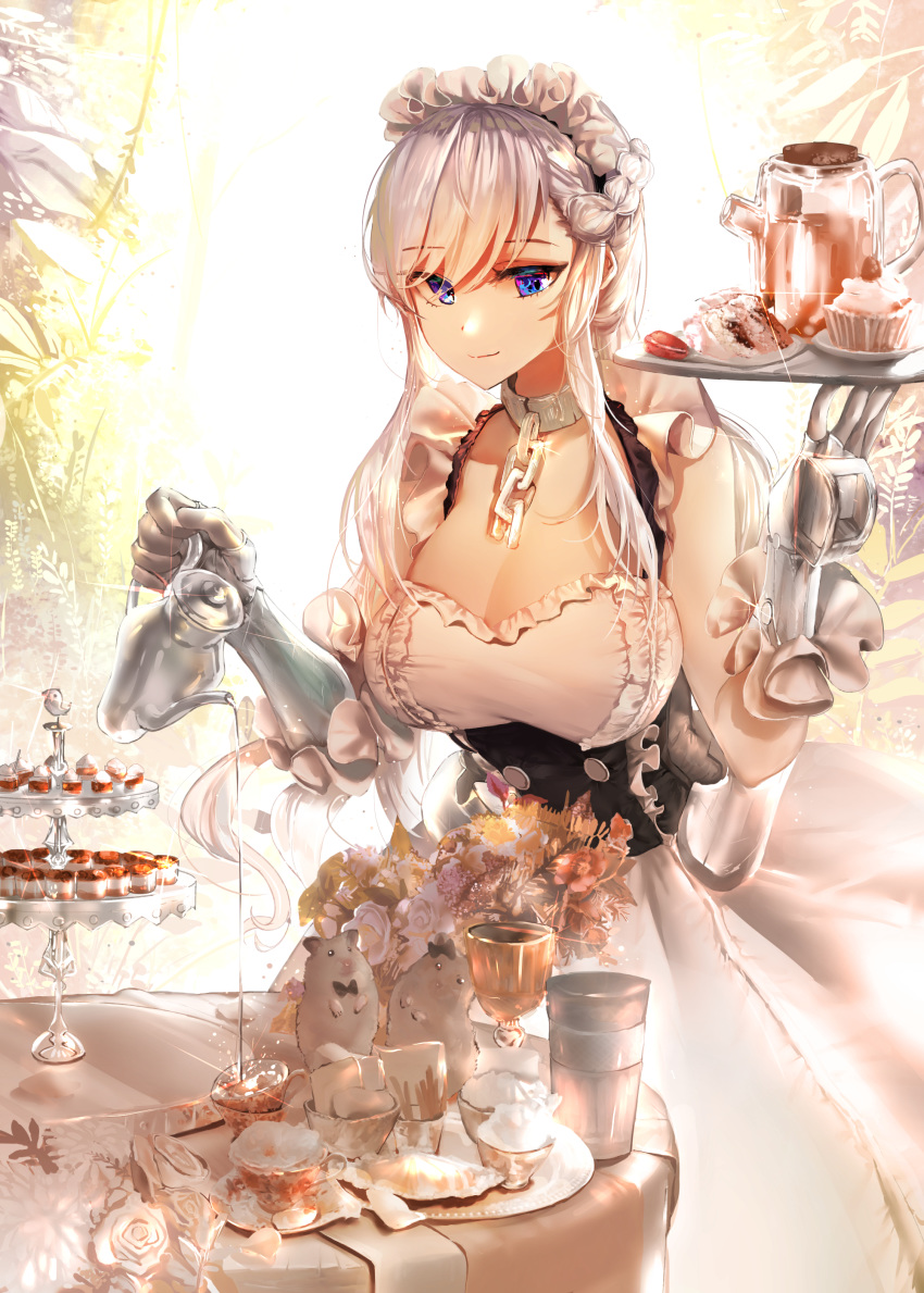 absurdres apron arm_guards azur_lane bangs belfast_(azur_lane) blue_eyes blush braid breasts cake cake_stand chain cleavage collar collarbone commentary_request corset cup danyagoe dress eyebrows_visible_through_hair flower food french_braid frilled_gloves frills glitch gloves highres holding holding_teapot holding_tray large_breasts long_hair looking_at_viewer maid maid_headdress pouring ribbon saucer sidelocks silver_hair smile solo table tray white_gloves