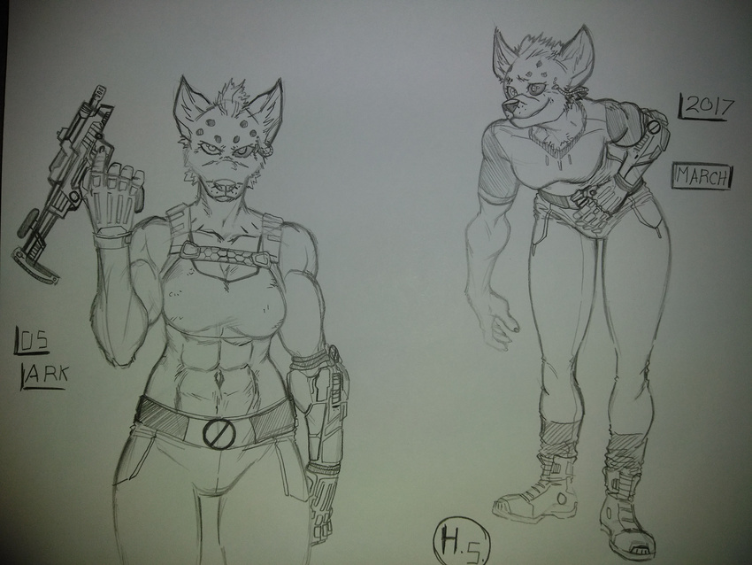 2017 abs angry ark(krookordile) automatic_weapon belt big_breasts boots breasts cheek_rest chest_tuft clothing crop_top cybernetics female fingerless_gloves footwear fur gloves gun harpseal hyena inner_ear_fluff invalid_tag large_hips machine machine_pistol mammal mohawk multicolored_fur muscular muscular_female name plasma_gun pockets pointy_ears ranged_weapon robotic robotic_arm robotic_eye serious shirt shoes sleeveless_shirt spots standing stare taunting thick_thighs tuft two_tone_fur weapon