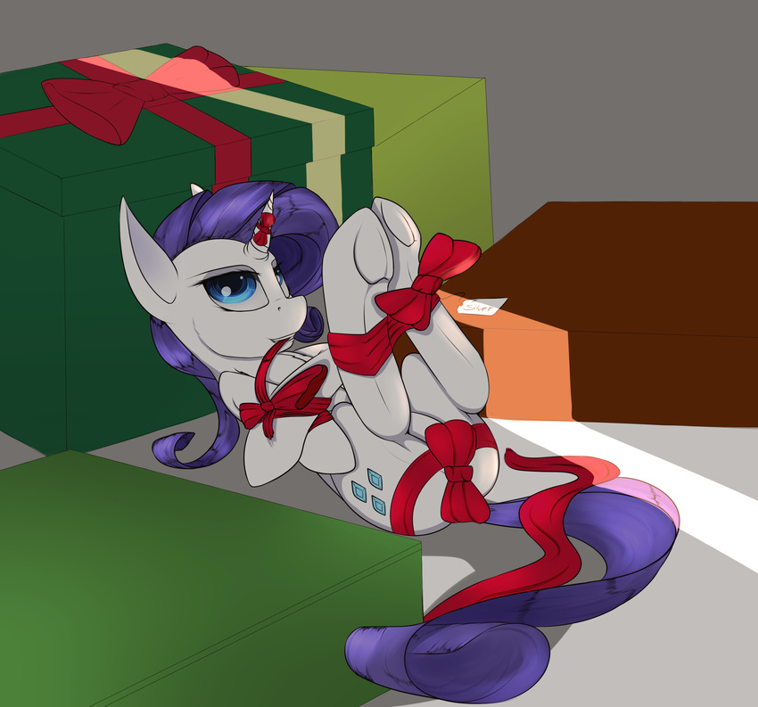 2017 absurd_res bdsm blue_eyes bondage bound butt chapaevv cutie_mark equine female feral friendship_is_magic gift hair hi_res hooves horn inside legs_up long_hair lying mammal my_little_pony object_in_mouth on_back purple_hair rarity_(mlp) ribbons solo underhoof unicorn