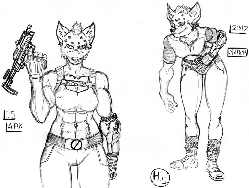 2017 abs angry ark(krookordile) belt bent_over boots breasts butt_stock clothing crop_top cybernetics female footwear fur gloves gun harpseal hyena jeans machine machine_pistol mammal meter multicolored_fur muscular muscular_female name navel pants pattern pointy_ears ranged_weapon robotic robotic_arm serious shirt shoes sleeveless_shirt smile spots standing stare taunting two_tone_fur weapon