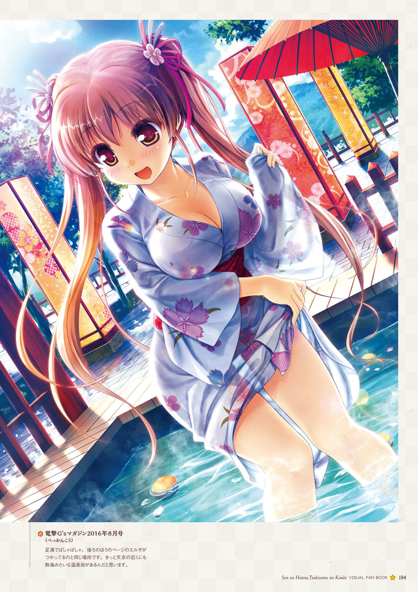 bangs bekkankou blue_sky blush breasts brown_eyes brown_hair cleavage cloud collarbone day eyebrows_visible_through_hair floral_print hair_ornament highres japanese_clothes kimono long_hair looking_to_the_side medium_breasts official_art open_mouth outdoors petals sen_no_hatou_tsukisome_no_kouki shiinoha_kotone sky solo standing twintails wading water wide_sleeves