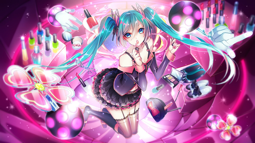 1girl applying_makeup aqua_eyes blush bow breasts butterfly_hair_ornament case cleavage collarbone commentary eyelash_curler eyelashes eyeshadow floating garter_straps green_hair hair_ornament hair_ribbon hatsune_miku high_heels highres holding holding_lipstick honey_whip_(module) jewelry knees_together light_particles lipstick lipstick_tube long_hair looking_at_viewer makeup md5_mismatch nail_file nail_polish navel open_mouth project_diva_(series) ribbon scissors shiny shiny_hair shoes skirt small_breasts solo sweet_devil_(vocaloid) thighhighs twintails vial vocaloid