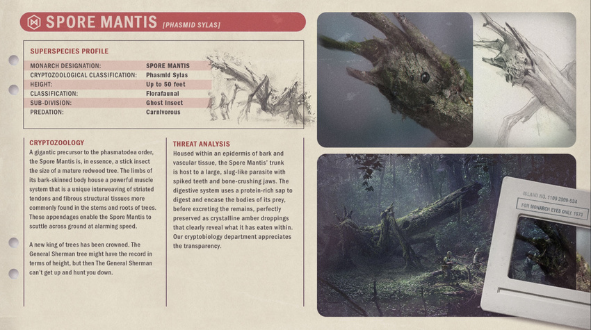 animal assault_rifle bug camouflage character_profile forest godzilla_(series) grass gun helmet kaijuu king_kong_(series) kong:_skull_island legendary_pictures military military_uniform monarch monster monsterverse official_art plant sketch soldier spore_mantis tree