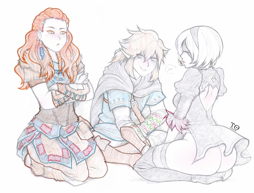 2017 2girls aloy_(horizon) antiheld ass black_dress blindfold blonde_hair blush commentary crossed_legs crossover dress freckles hairlocs highres horizon_zero_dawn limited_palette link multiple_crossover multiple_girls nier_(series) nier_automata orange_hair pelt silver_hair sitting sketch smile the_legend_of_zelda the_legend_of_zelda:_breath_of_the_wild thighhighs year_connection yorha_no._2_type_b