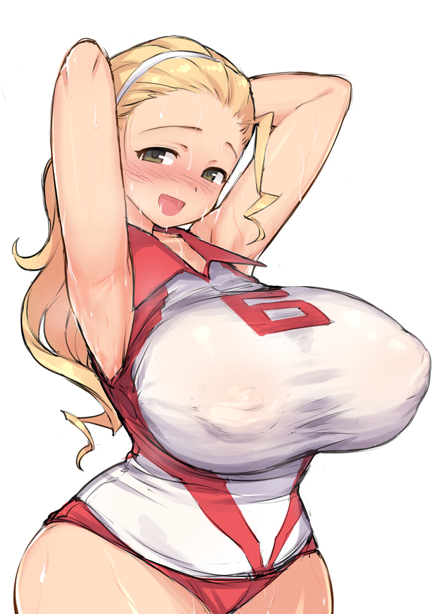 absurdres armpits arms_up bad_id bad_pixiv_id blonde_hair blush breasts brown_eyes covered_nipples curvy girls_und_panzer hair_pulled_back hairband highres hips huge_breasts long_hair looking_at_viewer puffy_nipples sasaki_akebi simple_background smile solo try wet wet_clothes