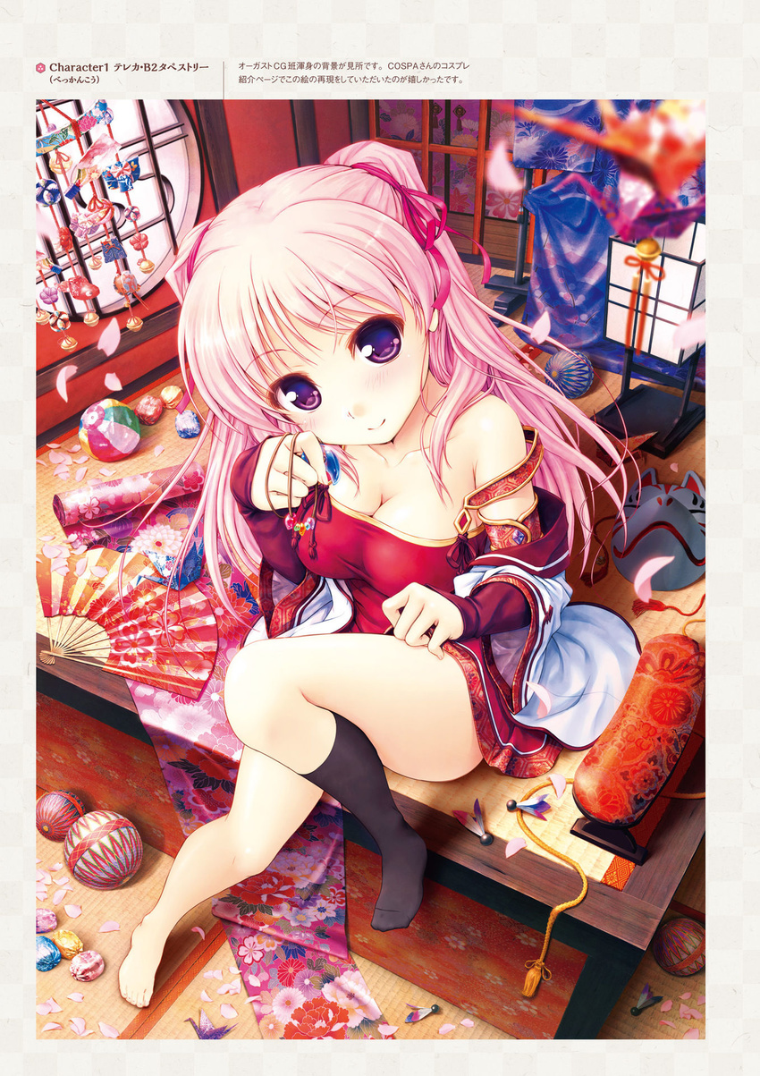 ball bangs bare_shoulders barefoot bean_bag bekkankou bell black_legwear blurry breasts cleavage collarbone depth_of_field eyebrows_visible_through_hair fan floral_print flower folding_fan fox_mask hair_ribbon hanetsuki head_tilt highres holding indoors jingle_bell knee_up kneehighs looking_at_viewer magatama mask medium_breasts miyaguni_akari official_art origami paper_balloon paper_crane petals pink_hair purple_eyes ribbon round_window sen_no_hatou_tsukisome_no_kouki single_kneehigh sitting smile solo tatami temari_ball