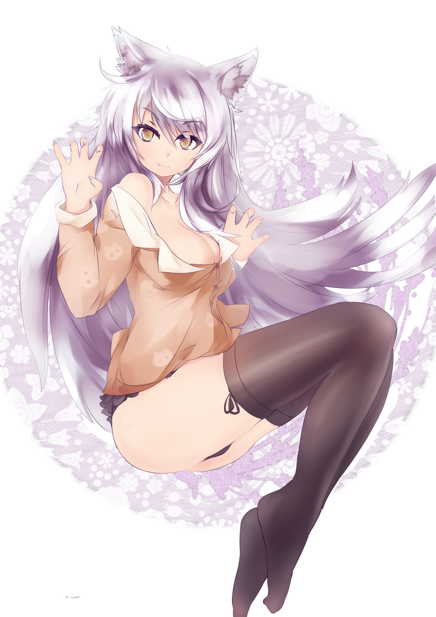 absurdres animal_ears bakemonogatari black_hanekawa black_legwear bra breasts cat_ears cleavage fang hanekawa_tsubasa highres large_breasts long_hair mochigome_(fatelly) monogatari_(series) nekomonogatari panties smile solo thighhighs underwear white_hair yellow_eyes