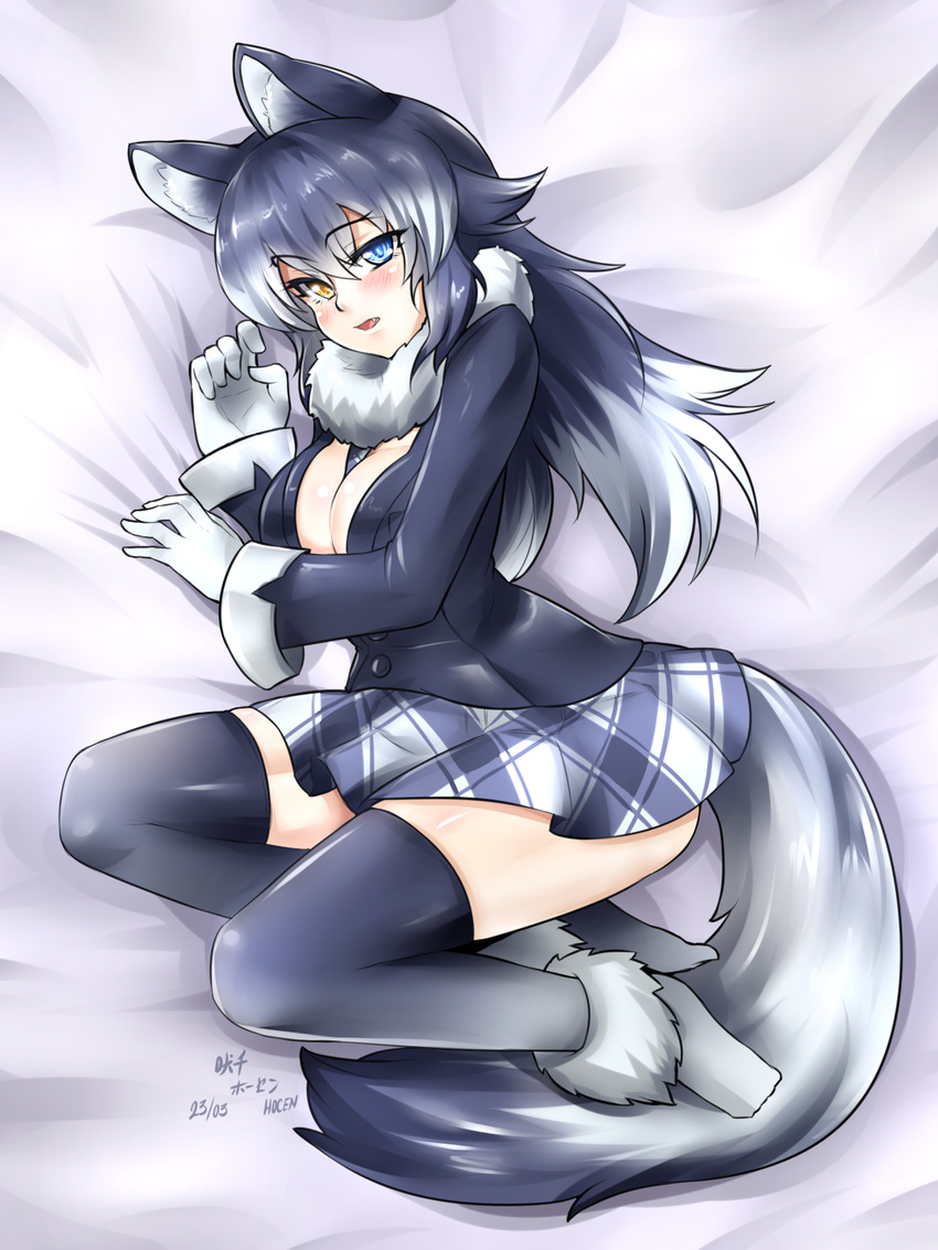 animal_ears between_breasts black_hair blue_eyes blush breasts dakimakura dated fang fur_collar gloves grey_wolf_(kemono_friends) heterochromia highres kemono_friends long_hair looking_at_viewer multicolored_hair necktie necktie_between_breasts open_mouth skirt solo tail two-tone_hair vilde_loh_hocen wolf_ears wolf_tail yellow_eyes