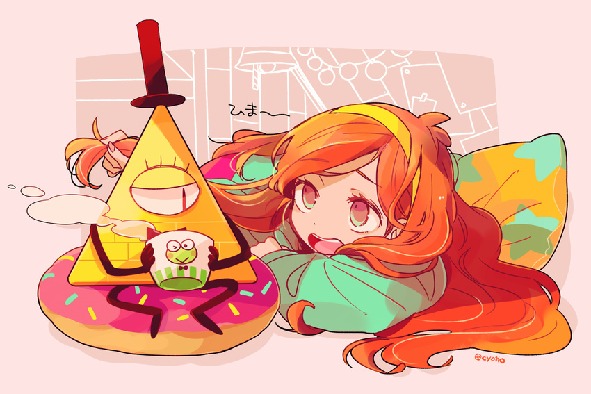 1girl bill_cipher bow bowtie brown_hair cup doughnut_pillow drinking gravity_falls hairband hasunoue_keroppi hat kero_kero_keroppi long_hair lying mabel_pines negura_(yamadori) on_stomach open_mouth pillow sitting_on_pillow sweater top_hat translation_request