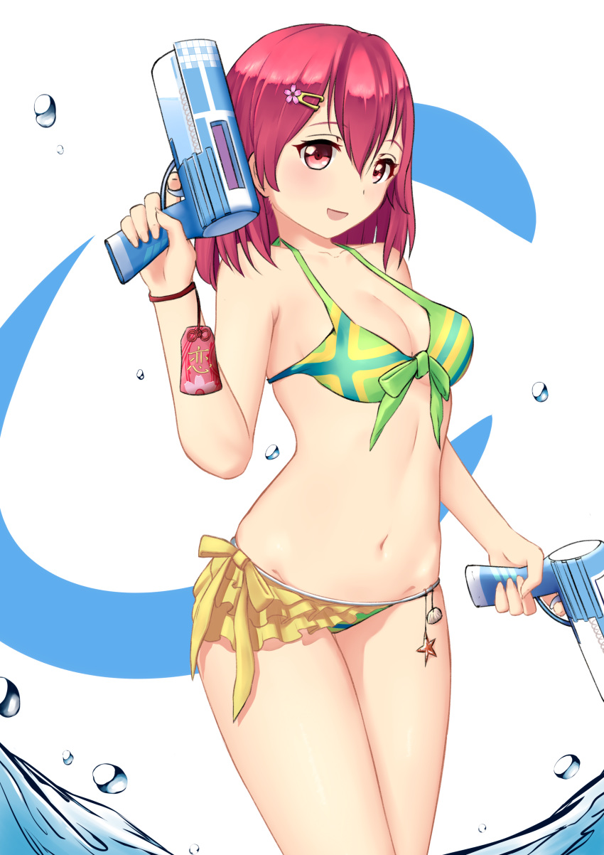 1girl absurdres arm_up bikini bikini_skirt bracelet breasts charm_(object) cleavage contrapposto cowboy_shot dual_wielding front-tie_bikini front-tie_top green_bikini hair_between_eyes hair_ornament hairclip head_tilt highres holding holding_water_gun jewelry looking_at_viewer medium_breasts medium_hair nearoul_kishi open_mouth original red_eyes red_hair shiny shiny_hair solo standing striped striped_bikini swimsuit two-tone_background water water_drop water_gun