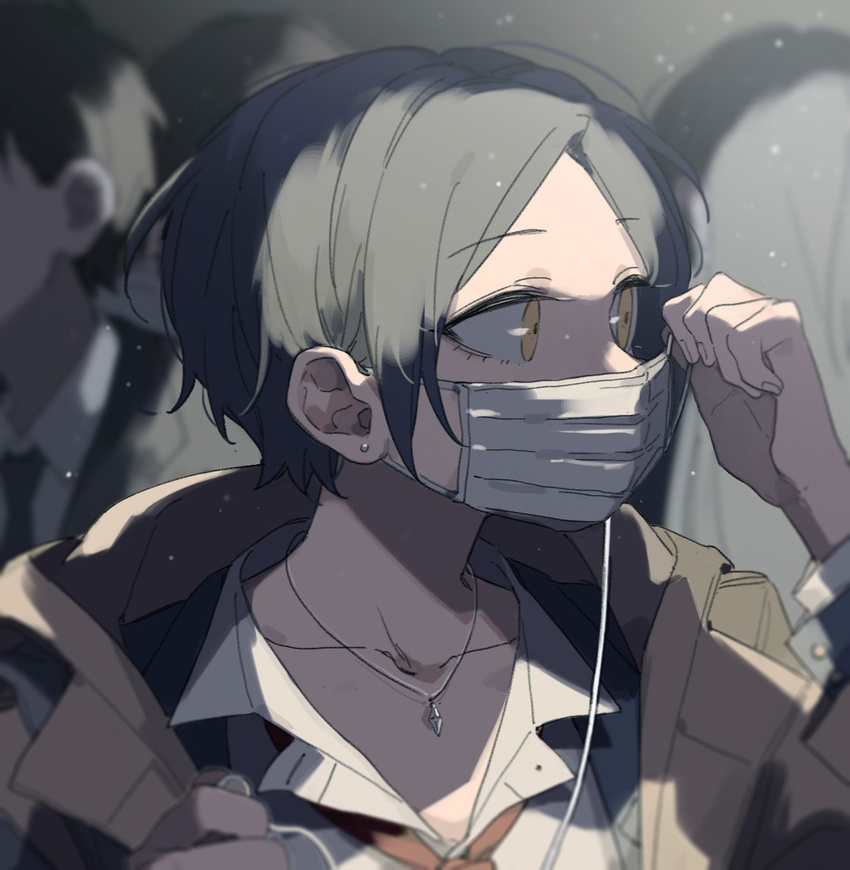 ahn black_hair blazer coat crowd earphones earrings eyebrows_visible_through_hair formal hayami_kanade highres idolmaster idolmaster_cinderella_girls jacket jewelry looking_to_the_side mask mask_removed necklace necktie portrait short_hair single_earphone_removed solo_focus suit surgical_mask yellow_eyes