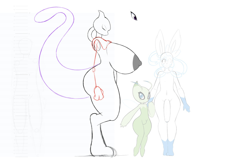 2017 angelthecatgirl anthro areola balls big_breasts blue_eyes breasts butt celebi eeveelution female group huge_breasts hyper hyper_breasts legendary_pok&eacute;mon looking_at_viewer male mammal mewtwo monochrome nintendo nipples nude penis pok&eacute;mon psy_(angelthecatgirl) purple_eyes simple_background sketch smile sylveon video_games voluptuous white_background