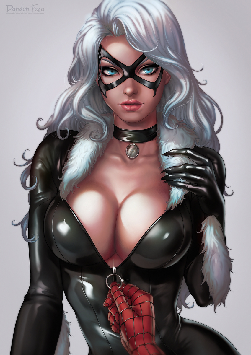 1girl black_cat_(marvel) blue_eyes bodysuit breasts choker cleavage dandon_fuga domino_mask fur_trim highres large_breasts long_hair looking_at_viewer marvel mask mole mole_under_mouth pov shiny shiny_clothes silver_hair simple_background solo_focus spider-man spider-man_(series) unzipping upper_body wavy_hair white_hair zipper