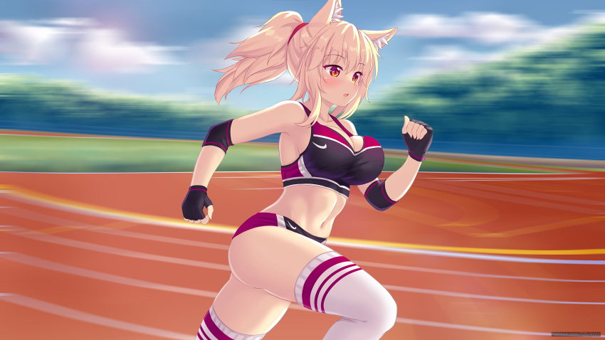 animal_ears blonde_hair breasts cleavage fast-runner-2024 gym_uniform orange_eyes original photoshop ponytail signed thighhighs tiffy