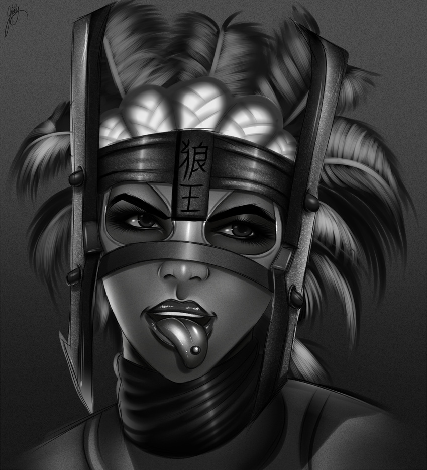 artist_name barbell_piercing feathers ferra grey_background greyscale highres jassycoco mask monochrome mortal_kombat mortal_kombat_x piercing portrait simple_background solo tongue tongue_out tongue_piercing