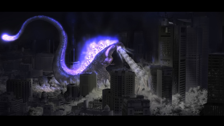 city claws damaged glowing godzilla godzilla_(series) hase_yu highres kaijuu monster no_humans open_mouth scenery sharp_teeth shin_godzilla solo tail teeth