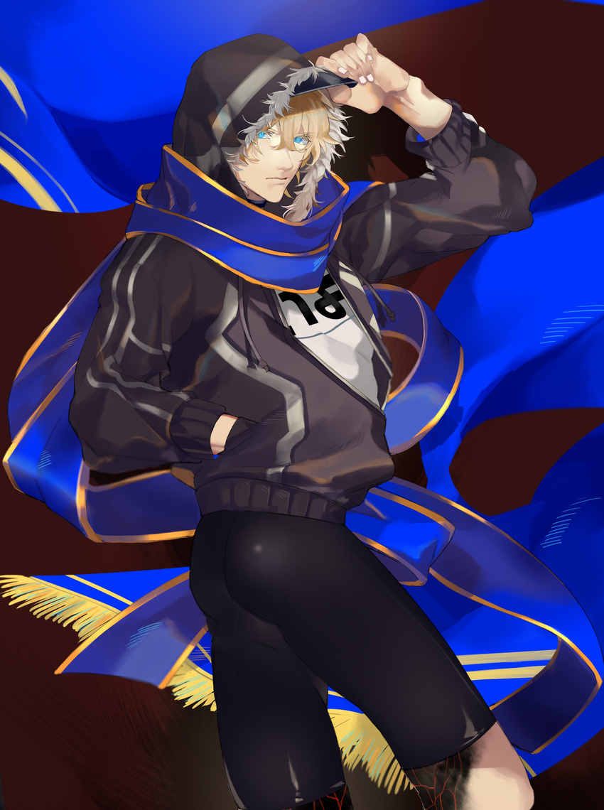 absurdres artoria_pendragon_(all) ass blonde_hair blue_eyes cosplay fate/extra fate/grand_order fate_(series) gawain_(fate/extra) gawain_(fate/grand_order) highres hood looking_at_viewer male_focus mysterious_heroine_x mysterious_heroine_x_(cosplay) saber scarf solo
