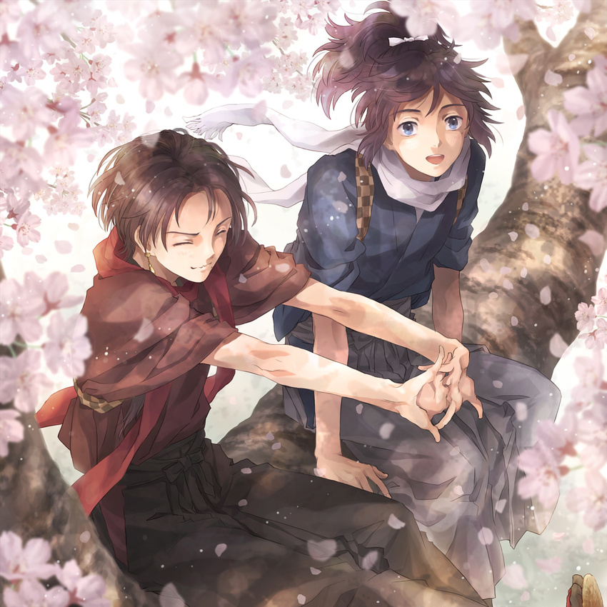 black_hair blue_eyes blurry brown_hair cherry_blossoms closed_eyes depth_of_field earrings hakama highres in_tree interlocked_fingers japanese_clothes jewelry kashuu_kiyomitsu male_focus mole mole_under_eye mole_under_mouth multiple_boys open_mouth petals ponytail scarf sitting smile suzuneko-rin touken_ranbu tree wavy_mouth yamato-no-kami_yasusada