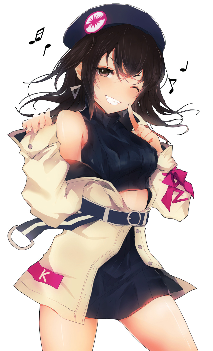 1girl bangs beige_coat belt black_hair blush breasts brown_eyes buckle casual coat cropped_sweater earrings eyebrows_visible_through_hair glint grin hair_between_eyes hair_ornament head_tilt highres idolmaster idolmaster_cinderella_girls index_finger_raised jewelry long_hair looking_at_viewer medium_breasts mole mole_under_eye night off_shoulder one_eye_closed open_clothes open_coat peanutc pov purple_sweater ribbed_sweater sharp_teeth skirt sleeveless_sweater smile solo sunazuka_akira sweater teeth two_side_up