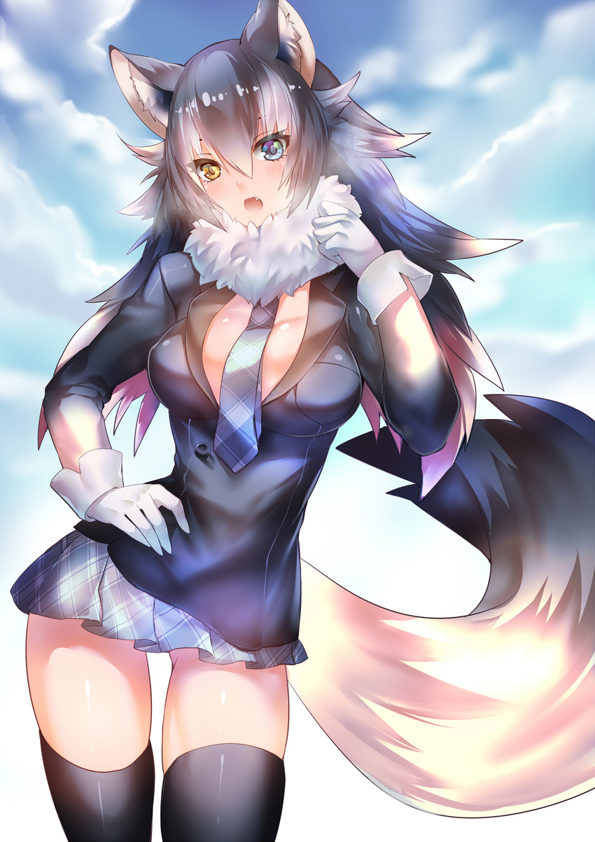 animal_ears ass_visible_through_thighs between_breasts black_hair black_legwear blue_eyes blush breasts fang fur_collar gloves grey_wolf_(kemono_friends) heterochromia highres kemono_friends large_breasts long_hair looking_at_viewer multicolored_hair necktie necktie_between_breasts open_clothes open_mouth open_shirt pleated_skirt rahato shirt skirt solo tail thighhighs two-tone_hair wolf_ears wolf_tail yellow_eyes