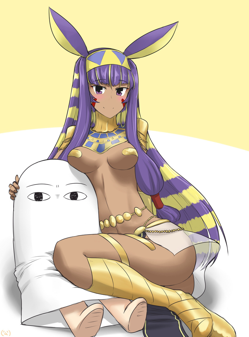 absurdres blush body_jewelry breasts character_doll commentary_request dark_skin fate/grand_order fate_(series) full_body hairband hamu_koutarou highres jewelry long_hair medium_breasts medjed nitocris_(fate/grand_order) pasties pelvic_curtain purple_eyes purple_hair revealing_clothes smile yellow_background