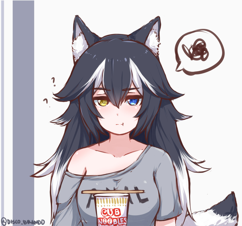 :t ? animal_ears black_hair blue_eyes brand_name_imitation breasts closed_mouth clothes_writing collarbone commentary cup_noodle disco_brando food grey_wolf_(kemono_friends) heterochromia kemono_friends long_hair looking_at_viewer medium_breasts multicolored_hair pout solo speech_bubble spoken_squiggle squiggle tail twitter_username two-tone_hair wolf_ears wolf_tail yellow_eyes